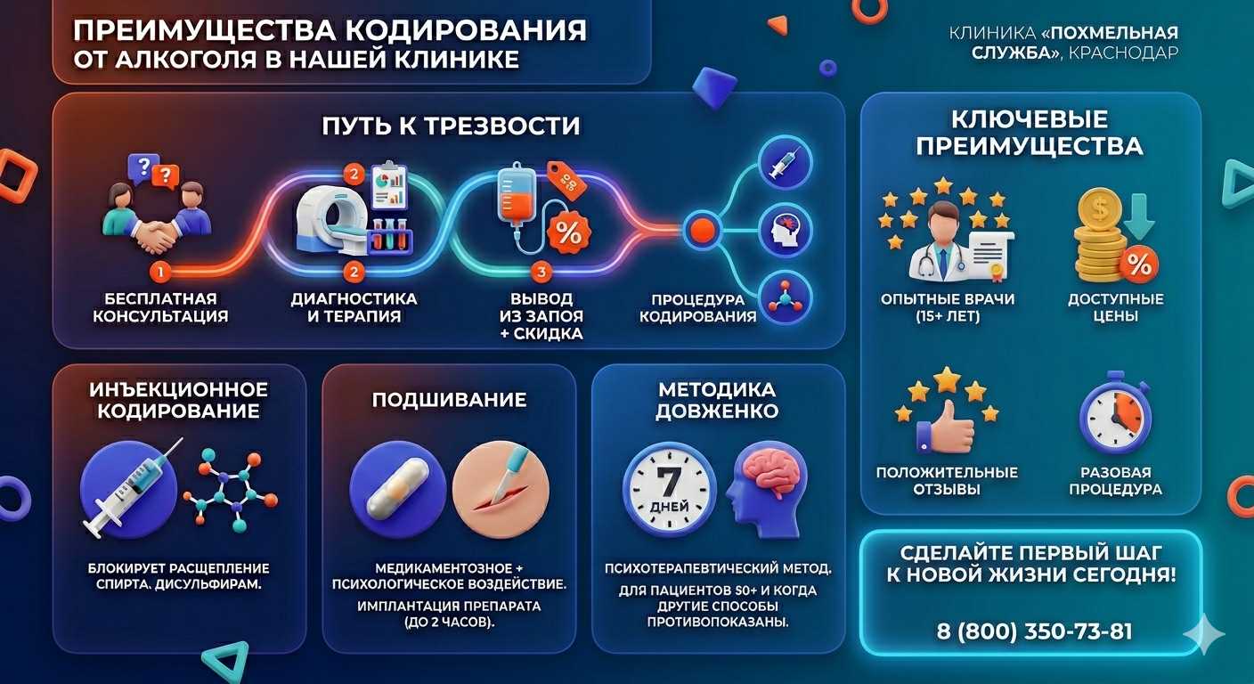 Инфографика о методах кодирования от алкоголя в Микуни: инъекции, подшивание, метод Довженко. Преимущества клиники и этапы лечения.